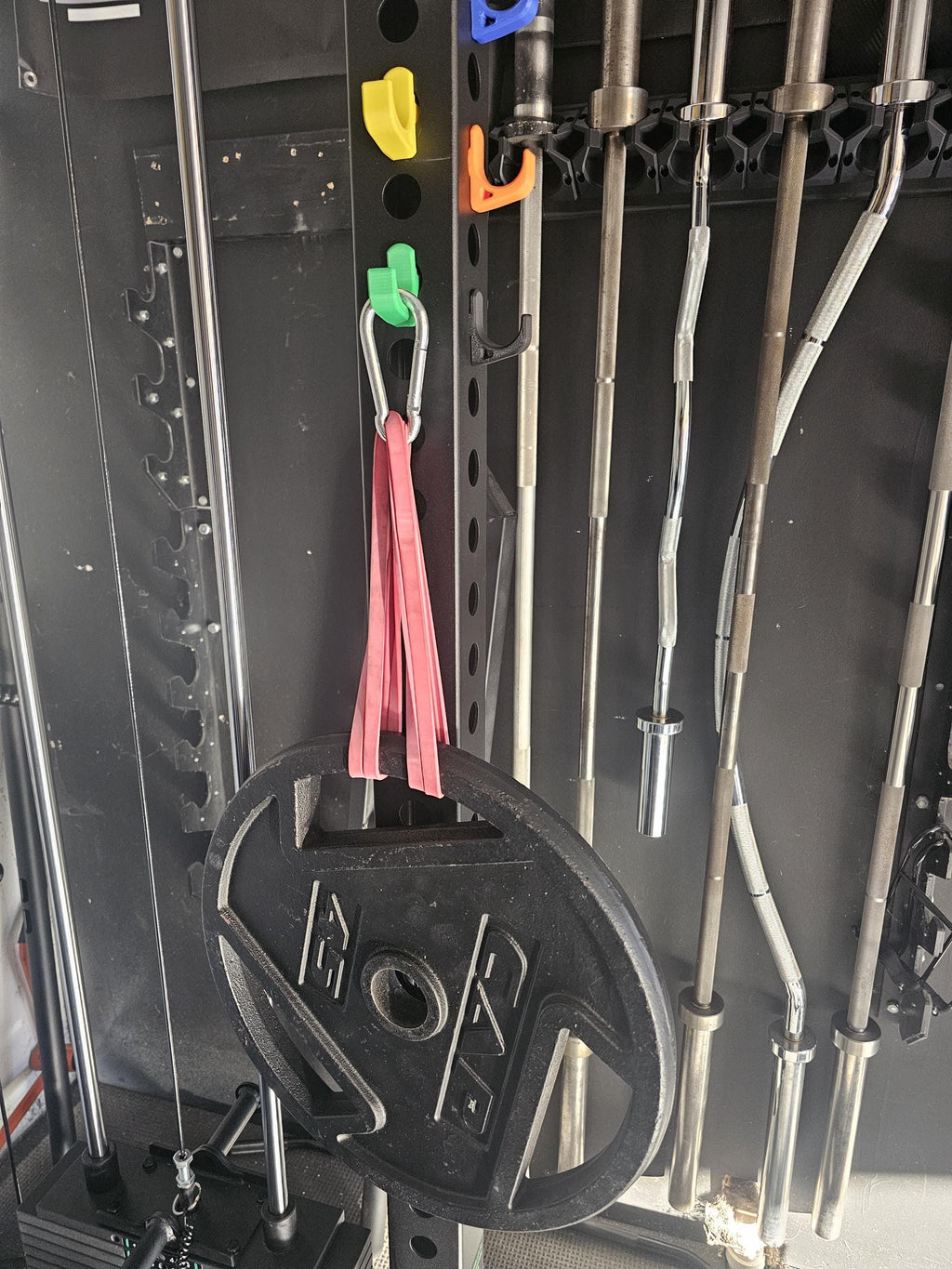 3D Printed Power Rack Storage Hooks – 1" Hole Racks, Holds Bands, Cables & Collars