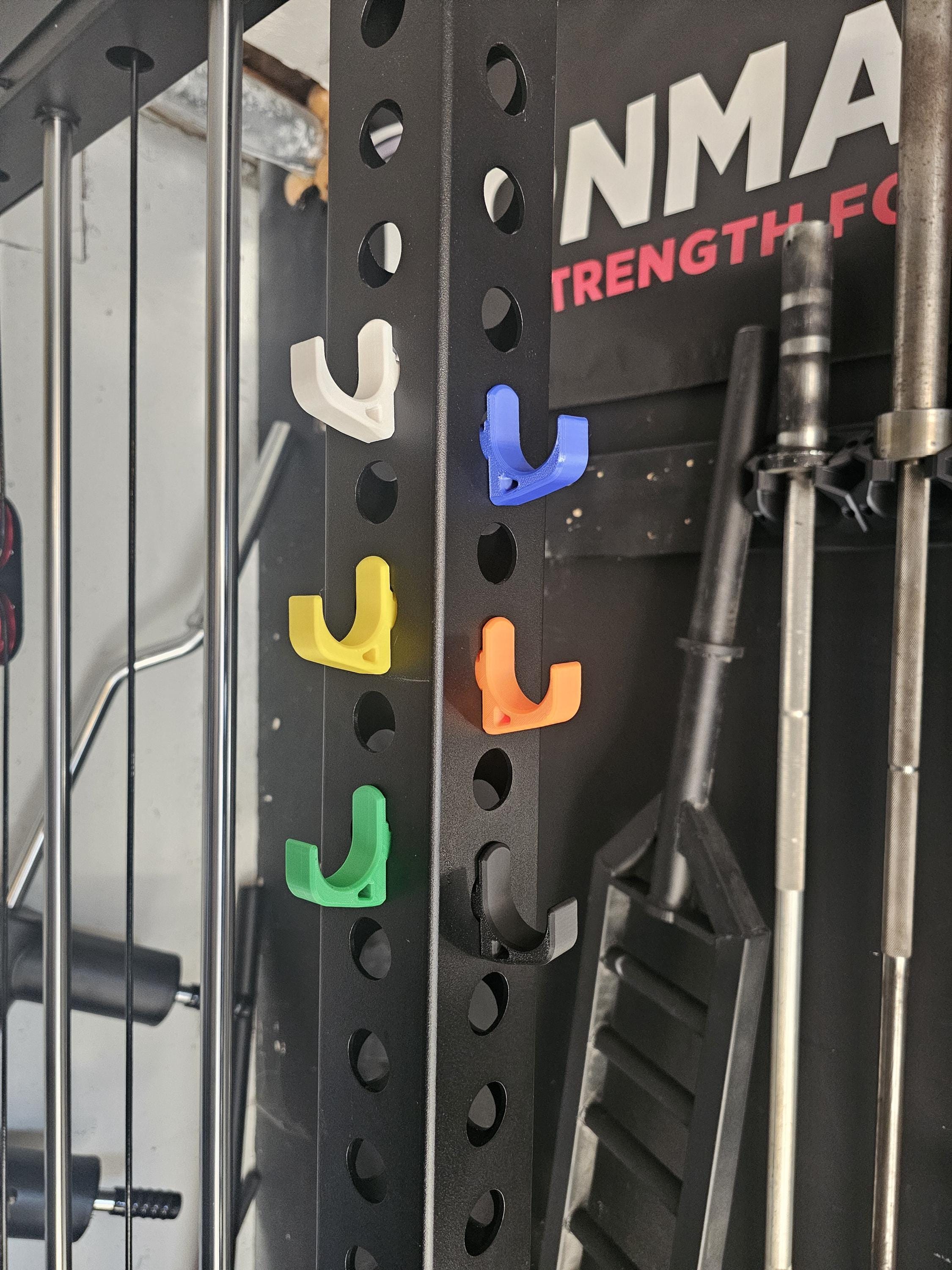 3D Printed Power Rack Storage Hooks – 1" Hole Racks, Holds Bands, Cables & Collars